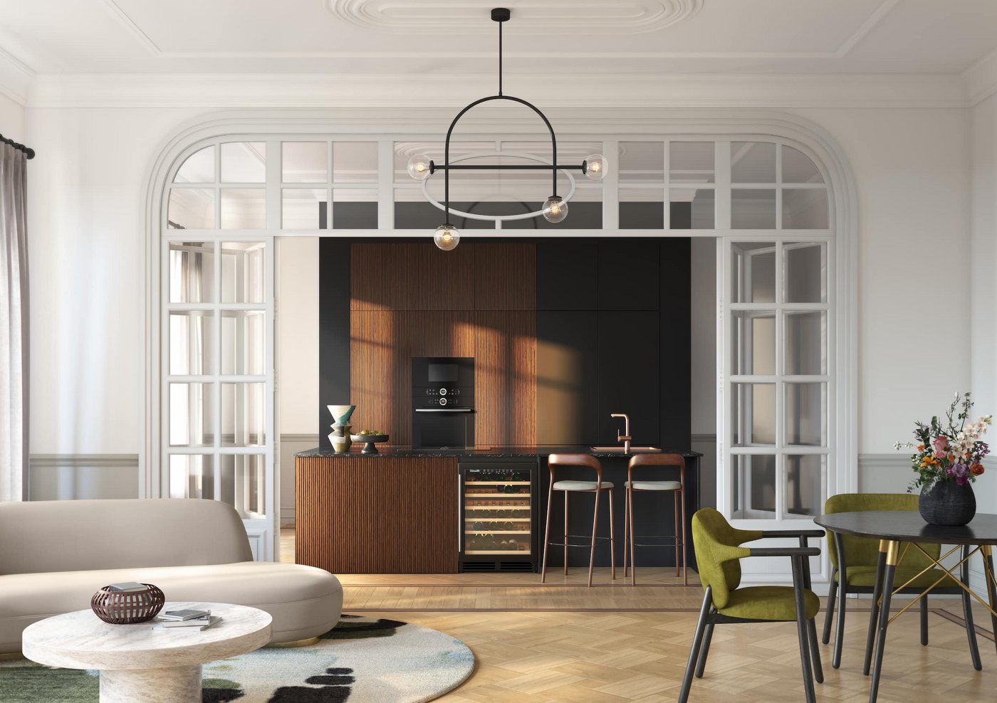 Cuisine contemporaine avec façades noires et bois texturé